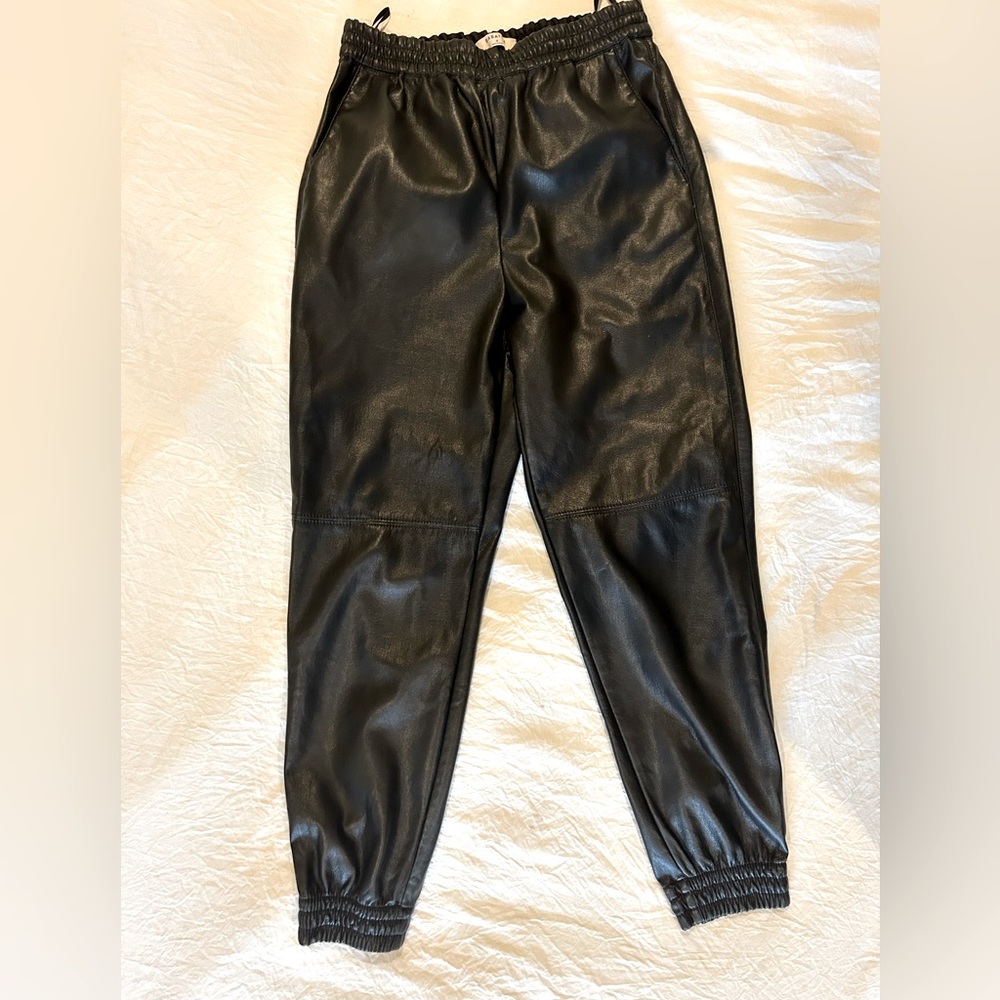 Black leather joggers by Babaton, part of the Aritzia Brands